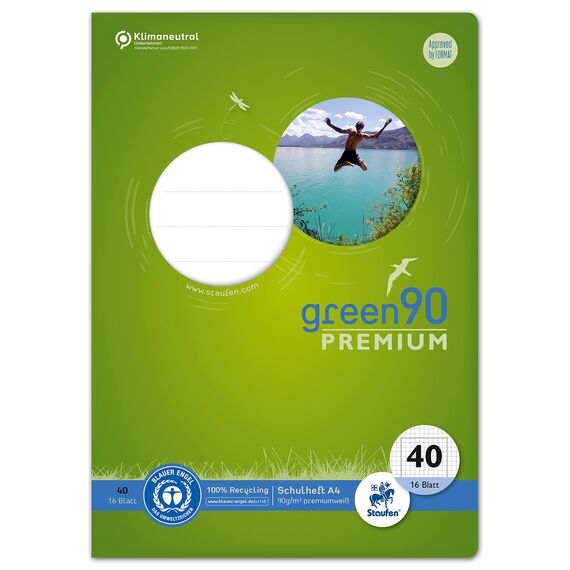 Staufen Green Heft - DIN A4, Lineatur 40 (5mm kariert mit Umrandung), 16 Blatt, 90g/m² Recyclingpapier, runde Ecken verhindern „Eselsohren“, 4 verschiedene Motive (keine Auswahl möglich), 1 Stück