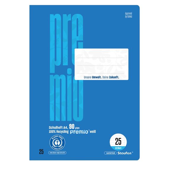 Staufen premio Schulheft - 4 Hefte je 16 Blatt, DIN A4, Lineatur 25 (liniert mit Rand), 90 g/m² Recyclingpapier, runde Ecken verhindern „Eselsohren“