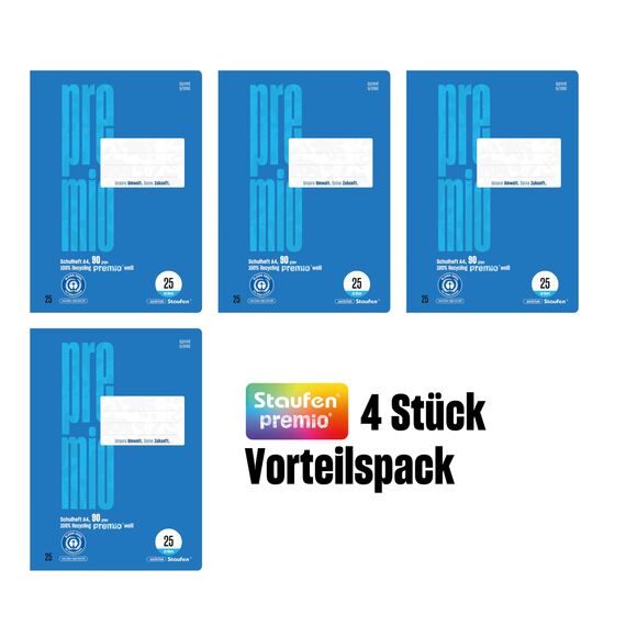 Staufen premio Schulheft - 4 Hefte je 16 Blatt, DIN A4, Lineatur 25 (liniert mit Rand), 90 g/m² Recyclingpapier, runde Ecken verhindern „Eselsohren“