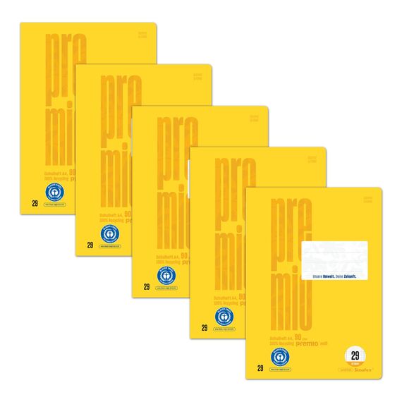Staufen premio Schulheft - 5 Hefte je 16 Blatt, DIN A4, Lineatur 29 (5 x 9 mm rautiert mit RL), 90 g/m² Recyclingpapier