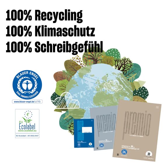 Staufen premio Schulheft - 1 Heft, 16 Blatt, DIN A4, Lineatur 38 (5mm kariert, Rand perforiert), 90 g/m² Recyclingpapier, runde Ecken verhindern „Eselsohren“