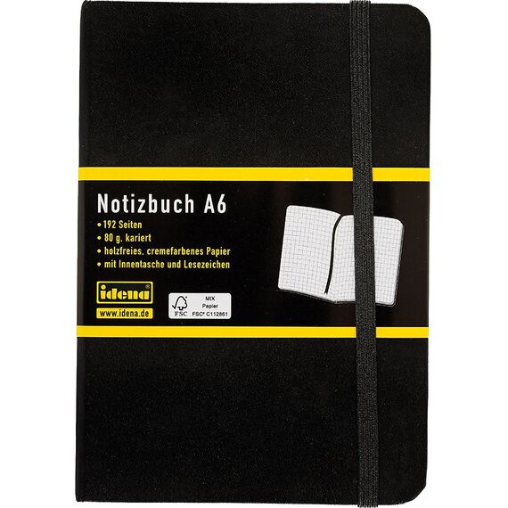 Idena 209282 - Notizbuch DIN A6, kariert, Papier cremefarben, 192 Seiten, 80 g/m², Hardcover in Schwarz (Notizbuch, 10x DIN A6)