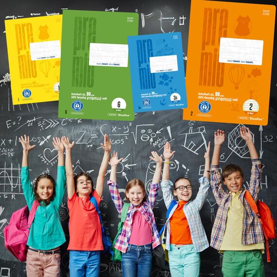 Staufen premio Schulheft - 4 Hefte je 16 Blatt, DIN A4, Lineatur 40 (5mm kariert mit Umrandung), 90 g/m² Recyclingpapier, runde Ecken verhindern „Eselsohren“