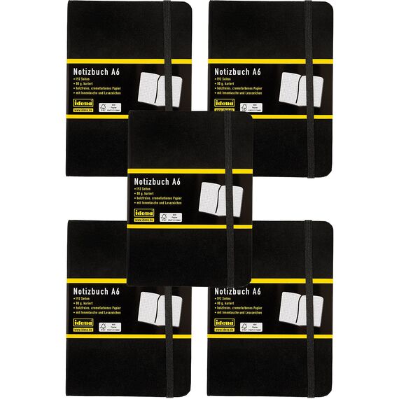 Idena 209282 - Notizbuch DIN A6, kariert, Papier cremefarben, 192 Seiten, 80 g/m², Hardcover in Schwarz (Notizbuch, 5x DIN A6)