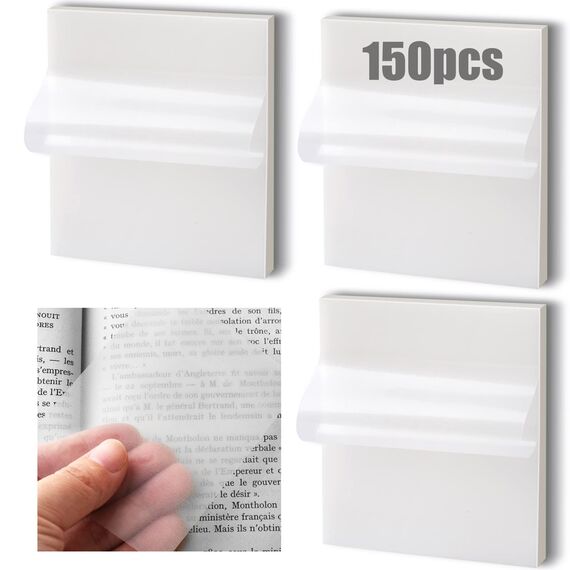150 Blätter Transparente Haftnotizen, Wasserdichte Selbstklebendes Sticky Notes, Wiederbeschreibbare Notizzettel für Schule/Büro/Hause, Tolles Büromaterial für Studenten und Mitarbeiter (75x75 mm)
