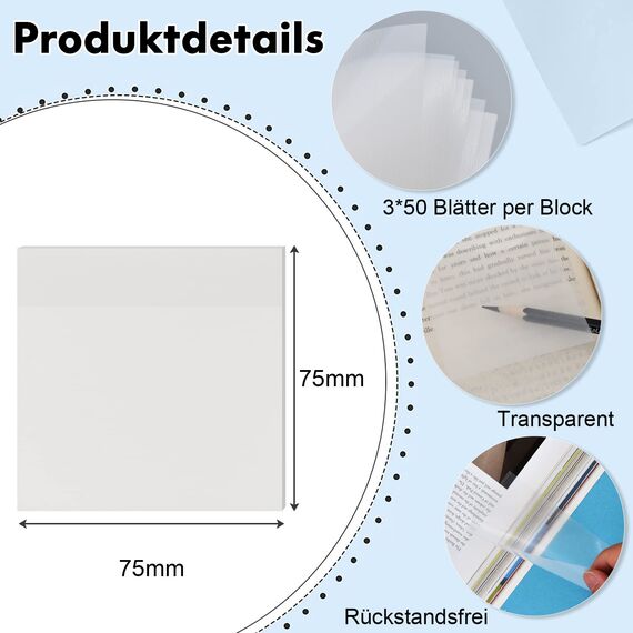150 Blätter Transparente Haftnotizen, Wasserdichte Selbstklebendes Sticky Notes, Wiederbeschreibbare Notizzettel für Schule/Büro/Hause, Tolles Büromaterial für Studenten und Mitarbeiter (75x75 mm)