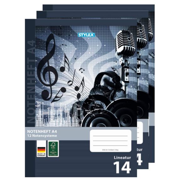 3 Notenhefte DIN A4 Schulheft Lineatur 14