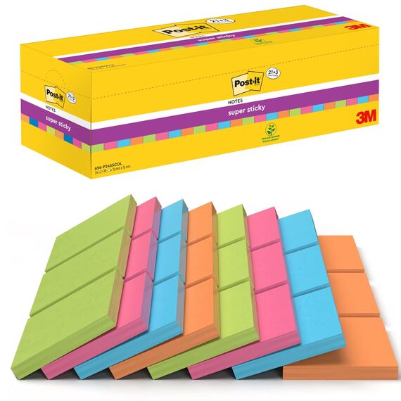 Post-it Super Sticky Notes, Packung mit 24 Blöcken, 90 Blatt pro Block, 76 mm x 76 mm, Farben: Grün, Pink, Blau, Orange - Extra-stark klebende Notizzettel für Notizen, To-Do-Listen und Erinnerungen
