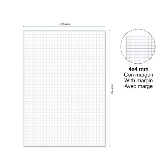 Miquelrius – Nachfüllblock, 300 karierte Blätter 4x4 mm, Undurchsichtiges Papier 90 g/m², A4-Nachfüllblätter gelocht für Ringbücher oder Ordner, Schulmaterial – ideal für den Schulanfang