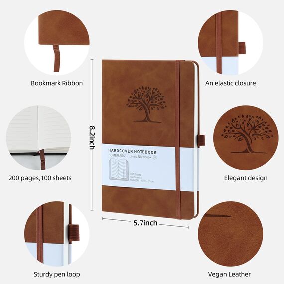 Notizbuch, Notebook, Notizbuch a5, Journal buch, Reisetagebuch, Liniert a5, Notizblock, Notizbücher a5, 100gsm, 200Pages, 2 Stück, Reisetagebuch, Leder, Prägebaum Design,Braun Grün