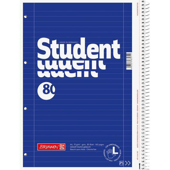 BRUNNEN Collegeblock Student Linkshänder | A4, Lineatur 27, 80 Blatt, blau