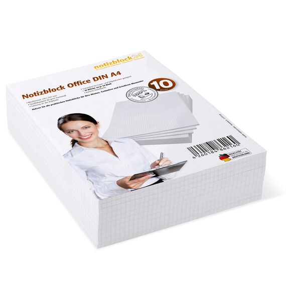 Notizblöcke DIN A4 kariert, 10er Pack, 50 Blatt je Block, 80 g/m² Offset weiß, notizblock24