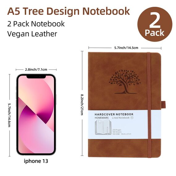 Notizbuch, Notebook, Notizbuch a5, Journal buch, Reisetagebuch, Liniert a5, Notizblock, Notizbücher a5, 100gsm, 200Pages, 2 Stück, Reisetagebuch, Leder, Prägebaum Design,Braun Grün