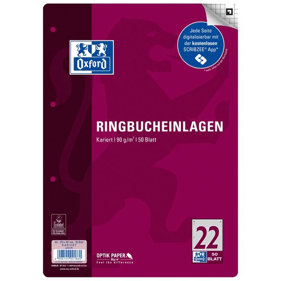 Oxford Ringbucheinlagen A4 kariert, Lineatur 22 ohne Rand, 50 Blatt