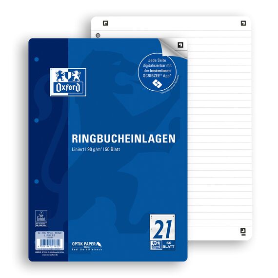 Oxford Ringbucheinlagen A4 liniert, Lineatur 21 ohne Rand, 50 Blatt