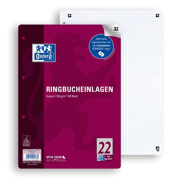 Oxford Ringbucheinlagen A4 kariert, Lineatur 22 ohne Rand, 50 Blatt