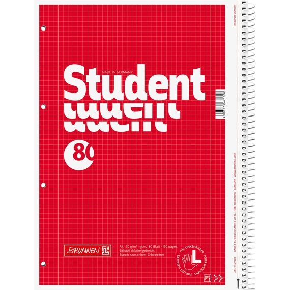 BRUNNEN Collegeblock Student Linkshänder | A4, Lineatur 28, 80 Blatt, rot
