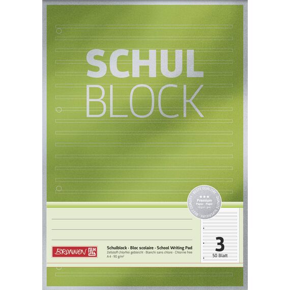 BRUNNEN Schulblock A4 Lineatur 3, 3. Klasse, 50 Blatt, Premium