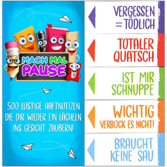 MACH MAL PAUSE® 500x Lustige Haftnotizen - die bunten Klebezettel (10x50 Blatt) sind das Geschenk für Studenten Kollegen u. Schüler - die Sticky Notes zum lernen u. markieren für Schule Uni Büro