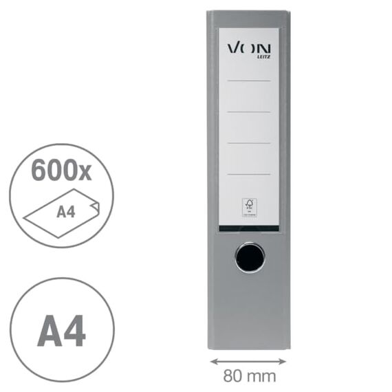 VON Leitz Ordner A4, 20er Pack, Karton mit Kunststoffeinband, 80 mm Rückenbreite, Für 600 Blatt, Blauer Engel & FSC-zertifiziert, Für Schule, Studium & Zuhause, Grau, 10550085