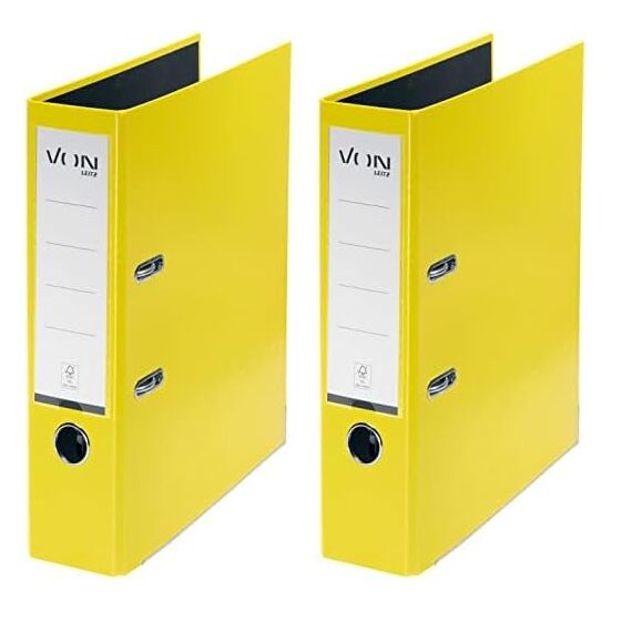 VON Leitz Ordner A4, Karton mit Kunststoffeinband, 80 mm Rückenbreite, Für 600 Blatt, Blauer Engel & FSC-zertifiziert, Für Schule, Studium & Zuhause, Gelb, 10550015 (Packung mit 2)