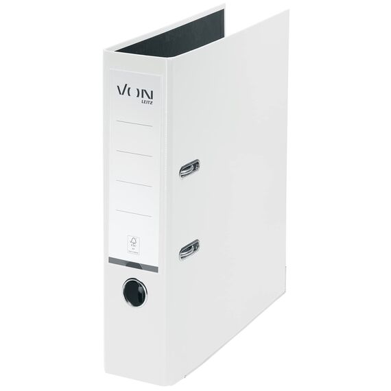 VON Leitz Ordner A4, Karton mit Kunststoffeinband, 80 mm Rückenbreite, Für 600 Blatt, Blauer Engel & FSC-zertifiziert, Für Schule, Studium & Zuhause, Weiß, 10550001
