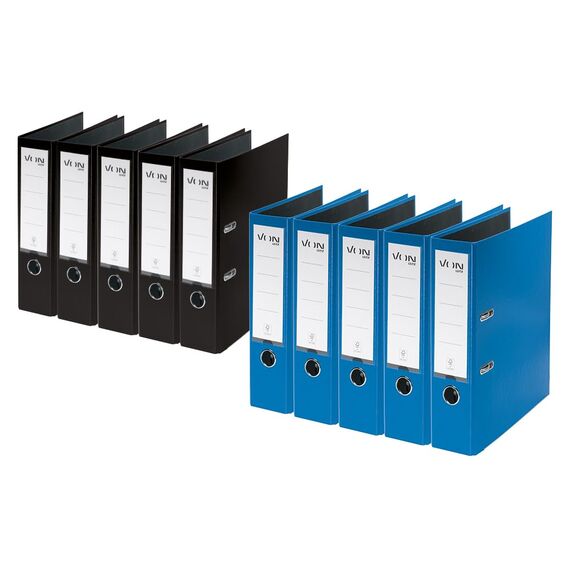 VON Leitz Ordner Set je 5 Stück in schwarz und blau, A4, Karton mit Kunststoffeinband, 80 mm Rückenbreite, Für 600 Blatt, FSC-zertifizierter Karton, Aktenordner