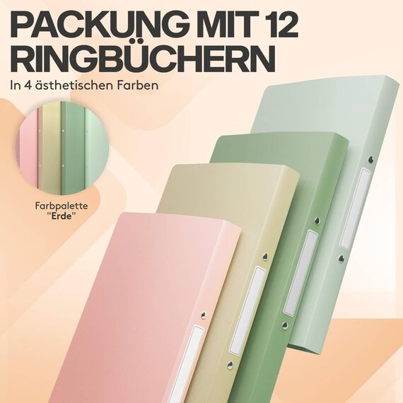 ACROPAQ - 12 x Ringbuch A4 - Mit 2 Ringen, Mit Rückenetiketten, Rückenbreite 2,5 cm, Erde, Natur Farbkollektion - Ringhefter, Ringordner, Ordner A4 Schmal, Ringmappe A4, Schulordner