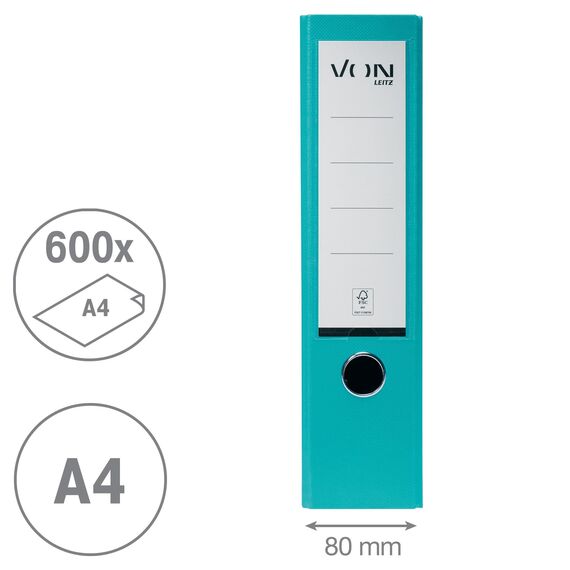 VON Leitz Ordner A4, 5er Pack, Karton mit Kunststoffeinband, 80 mm Rückenbreite, Für 600 Blatt, Blauer Engel & FSC-zertifiziert, Für Schule, Studium & Zuhause, Türkis, 10551052