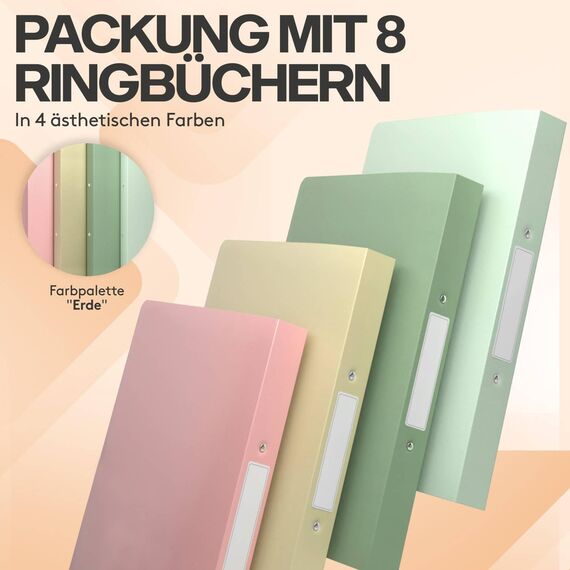 ACROPAQ - 8 x Ringbuch A4 - Mit 2 Ringen, Mit Rückenetiketten, Rückenbreite 3,5 cm, Erde, Natur Farbkollektion - Ringhefter, Ringordner, Ordner A4 Schmal, Ringmappe A4, Schulordner