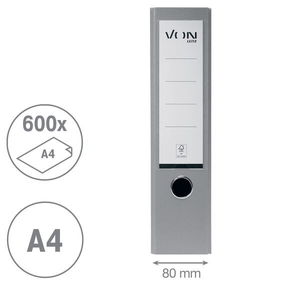 VON Leitz 5er Pack Ordner A4, Karton mit Kunststoffeinband, 80 mm Rückenbreite, Für 600 Blatt, FSC-zertifizierter Karton, Für Schule, Studium & Haushalt, Grau, 10551085