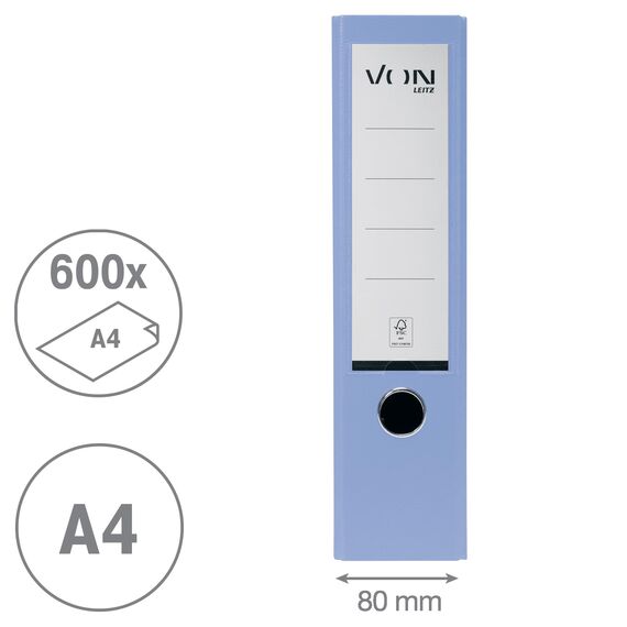 VON Leitz 5er Pack Ordner A4, Karton mit Kunststoffeinband, 80 mm Rückenbreite, Für 600 Blatt, FSC-zertifizierter Karton, Aktenordner, Für Schule, Studium & Zuhause, Hellblau, 10551030