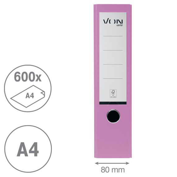 VON Leitz 5er Pack Ordner A4, Karton mit Kunststoffeinband, 80 mm Rückenbreite, Für 600 Blatt, FSC-zertifizierter Karton, Aktenordner, Für Schule, Studium & Zuhause, Violett, 10551067