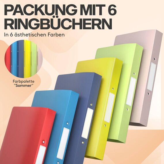ACROPAQ - 6 x Ringbuch A4 - Mit 2 Ringen, Mit Rückenetiketten, Rückenbreite 3,5 cm, Sommer, Natur Farbkollektion - Ringhefter, Ringordner, Ordner A4 Schmal, Ringmappe A4, Schulordner