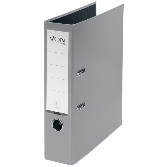VON Leitz Ordner A4, Karton mit Kunststoffeinband, 80 mm Rückenbreite, Für 600 Blatt, Blauer Engel & FSC-zertifiziert, Für Schule, Studium & Zuhause, Grau, 10550085