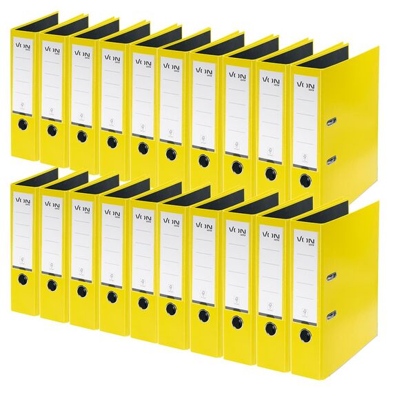 VON Leitz Ordner A4, 20er Pack, Karton mit Kunststoffeinband, 80 mm Rückenbreite, Für 600 Blatt, Blauer Engel & FSC-zertifiziert, Für Schule, Studium & Zuhause, Gelb, 10550015