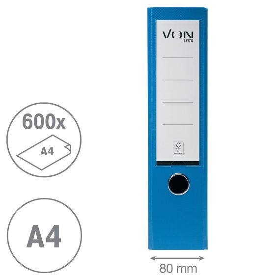 VON Leitz Ordner A4, 20er Pack, Karton mit Kunststoffeinband, 80 mm Rückenbreite, Für 600 Blatt, Blauer Engel & FSC-zertifiziert, Für Schule, Studium & Zuhause, Blau, 10550035