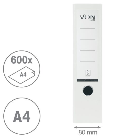 VON Leitz Ordner A4, Karton mit Kunststoffeinband, 80 mm Rückenbreite, Für 600 Blatt, Blauer Engel & FSC-zertifiziert, Für Schule, Studium & Zuhause, Weiß, 10550001