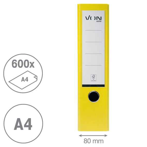VON Leitz 5er Pack Ordner A4, Karton mit Kunststoffeinband, 80 mm Rückenbreite, Für 600 Blatt, FSC-zertifizierter Karton, Für Schule, Studium & Haushalt, Gelb, 10551015
