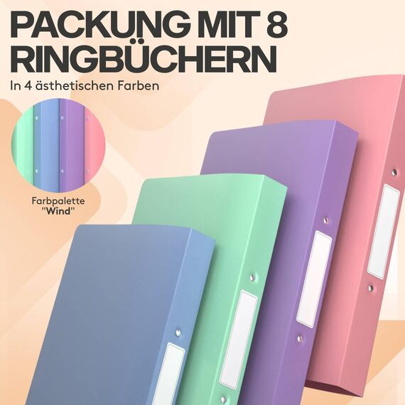 ACROPAQ - 8 x Ringbuch A4 - Mit 2 Ringen, Mit Rückenetiketten, Rückenbreite 3,5 cm, Wind, Natur Farbkollektion - Ringhefter, Ringordner, Ordner A4 Schmal, Ringmappe A4, Schulordner