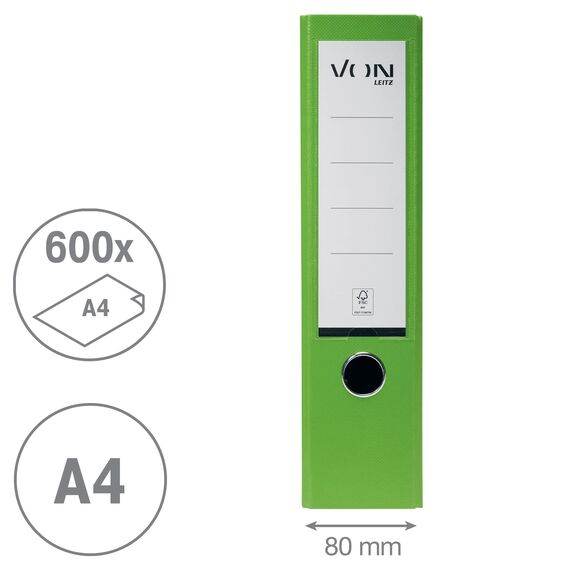 VON Leitz 5er Pack Ordner A4, Karton mit Kunststoffeinband, 80 mm Rückenbreite,Für 600 Blatt, FSC-zertifizierter Karton, Für Schule, Studium & Haushalt, Grün, 10551055