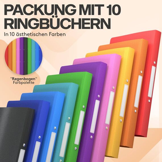 ACROPAQ - 10 x Ringbuch A4 - Mit 2 Ringen, Mit Rückenetiketten, Rückenbreite 2,5 cm, Regenbogen, Natur Farbkollektion - Ringhefter, Ringordner, Ordner A4 Schmal, Ringmappe A4, Schulordner