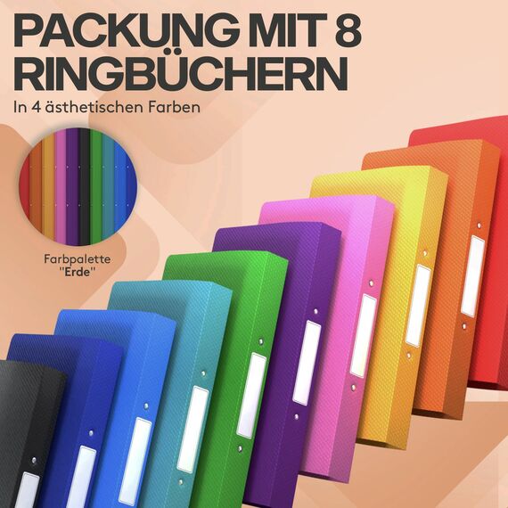 ACROPAQ - 10 x Ringbuch A4 - Mit 2 Ringen, Mit Rückenetiketten, Rückenbreite 3,5 cm, Regenbogen, Natur Farbkollektion - Ringhefter, Ringordner, Ordner A4 Schmal, Ringmappe A4, Schulordner