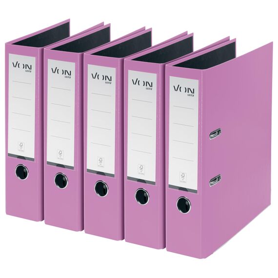 VON Leitz 5er Pack Ordner A4, Karton mit Kunststoffeinband, 80 mm Rückenbreite, Für 600 Blatt, FSC-zertifizierter Karton, Aktenordner, Für Schule, Studium & Zuhause, Violett, 10551067
