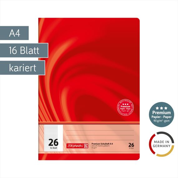 BRUNNEN Schulheft Premium Vivendi | A4, Lineatur 26, 16 Blatt, rot