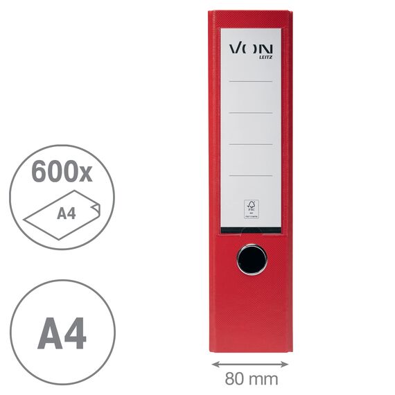 VON Leitz 5er Pack Ordner A4, Karton mit Kunststoffeinband, 80 mm Rückenbreite, Für 600 Blatt, FSC-zertifizierter Karton, Für Schule, Studium & Haushalt, Rot, 10551025