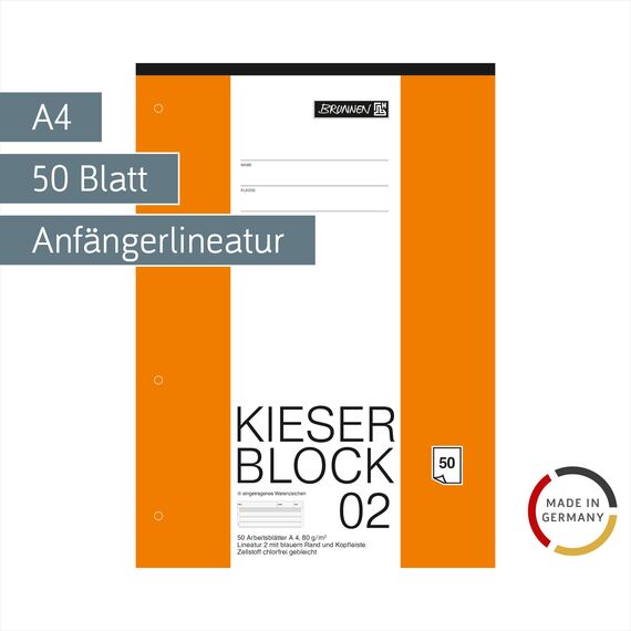 Brunnen 1042942 KIESER-Block Lineatur 2 (A4, 50 Blatt, gelocht, 80 g/m², Klasse 2)