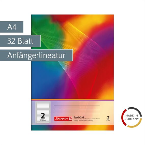 BRUNNEN Schulheft | A4, Lineatur 2, 32 Blatt, mehrfarbig