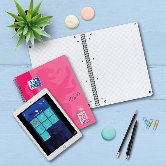 Oxford TOUCH A4+ Collegeblock, 80 Blatt, OPTIK PAPER+®, Doppelspirale, Mikroperforation, scribzee kompatibel (rosa | kariert)