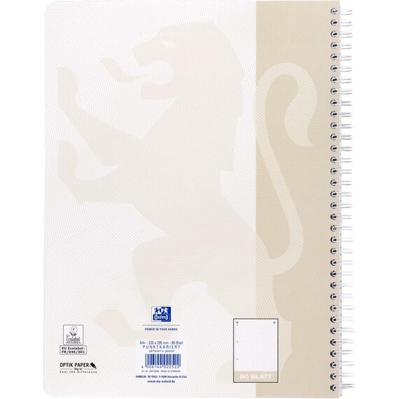 Oxford TOUCH A4+ Collegeblock, 80 Blatt, OPTIK PAPER+®, Doppelspirale, Mikroperforation, scribzee kompatibel (lichtgrau | punktkariert)